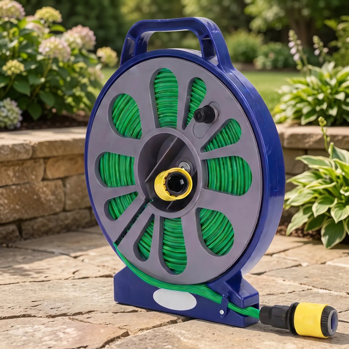 Compact portable garden hose reel with quick connect, ideal for easy yard watering & storage.