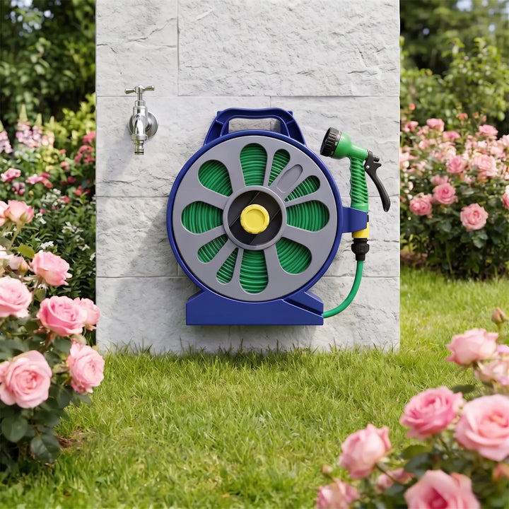 Portable garden hose reel with flat hose for efficient watering & irrigation in small yards.