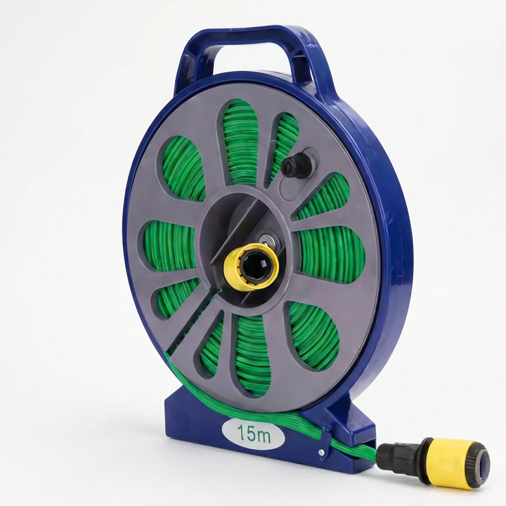 Space-saving portable garden hose reel for easy storage, perfect for compact lawn care & watering.