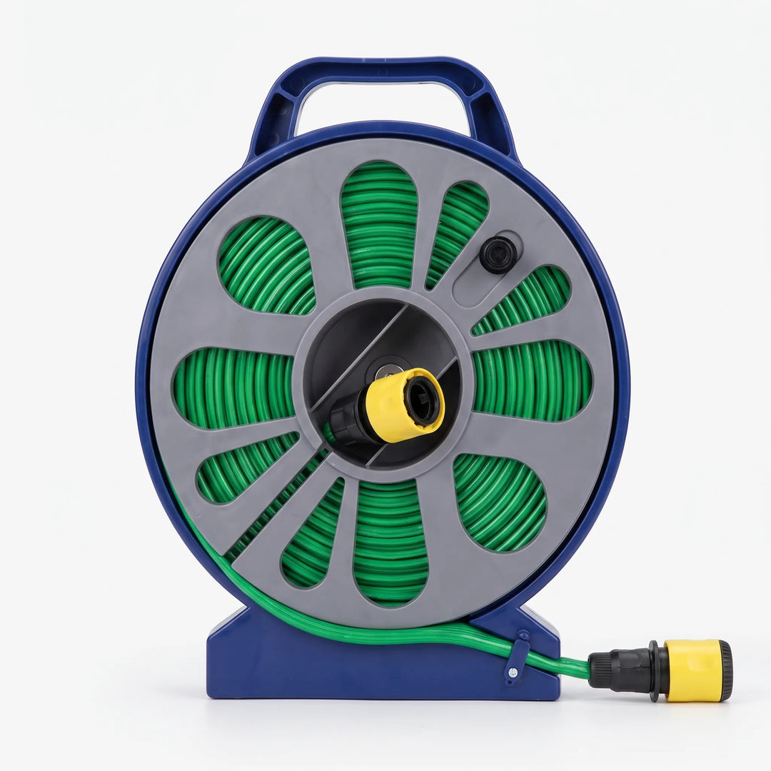 Durable compact garden hose reel with quick connect system for hassle-free watering & irrigation.