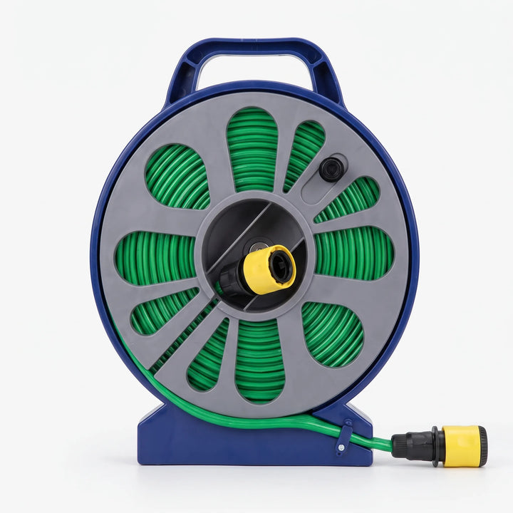 Durable compact garden hose reel with quick connect system for hassle-free watering & irrigation.