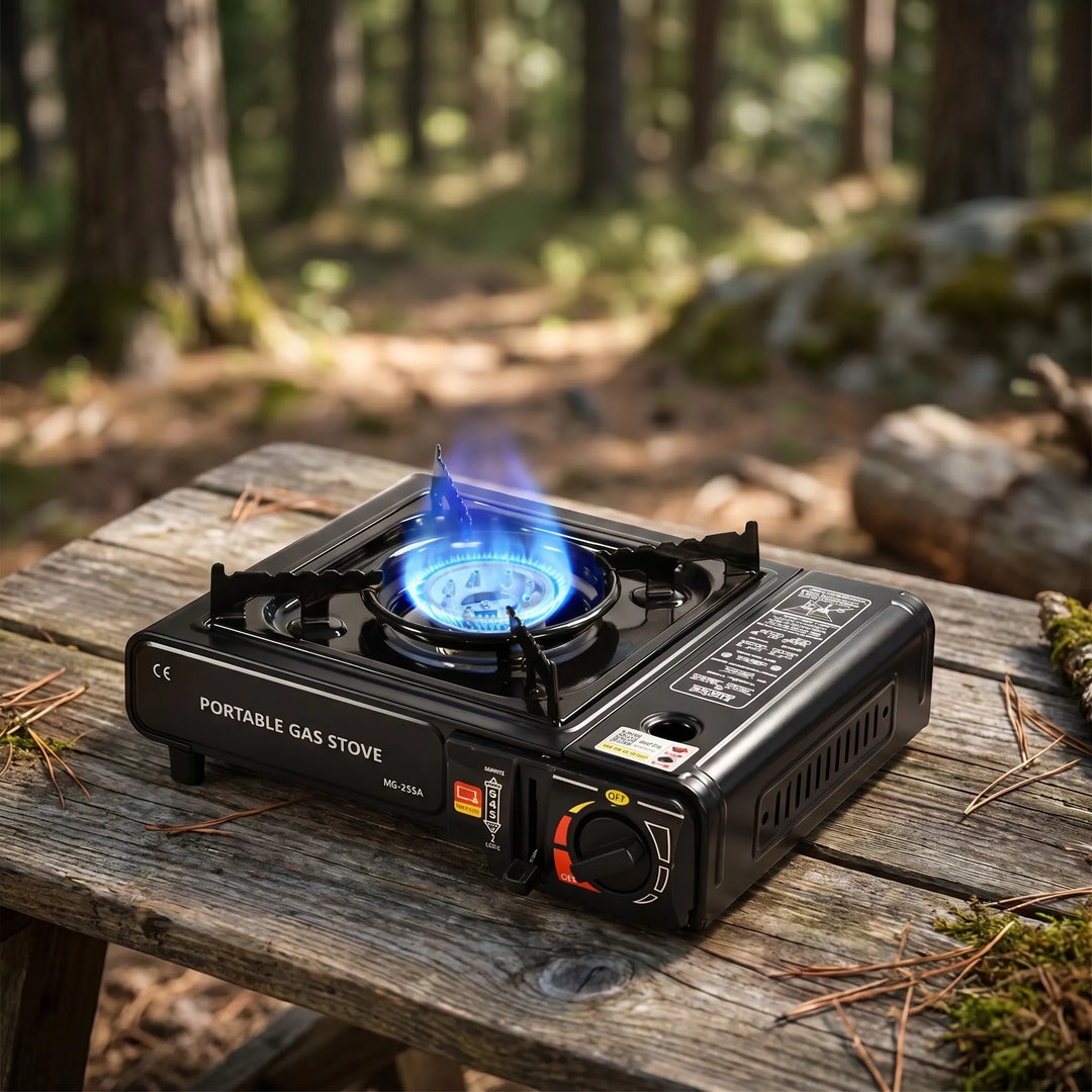 Compact single burner butane gas stove, ideal for camping, picnics, and outdoor cooking. Portable & reliable.