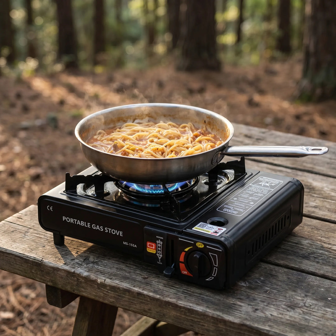 Windproof single burner portable gas stove for camping & outdoor cooking. Essential hiking gear & emergency kit.