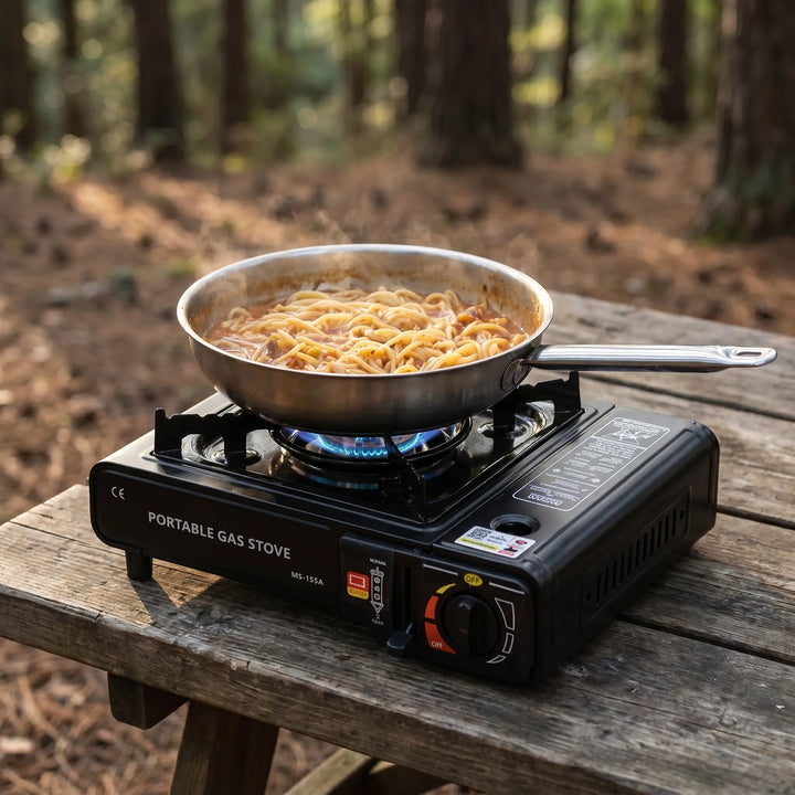 Windproof single burner portable gas stove for camping & outdoor cooking. Essential hiking gear & emergency kit.