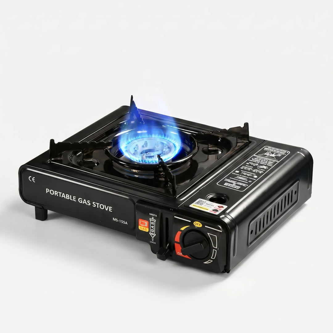 Lightweight single burner camping gas stove. Perfect for easy outdoor cooking, picnics, and travel. Portable design.
