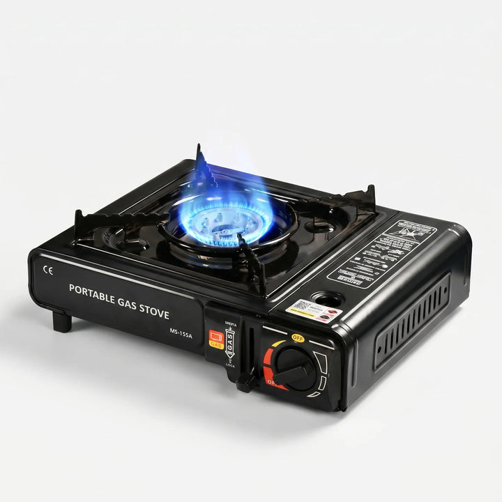 Lightweight single burner camping gas stove. Perfect for easy outdoor cooking, picnics, and travel. Portable design.