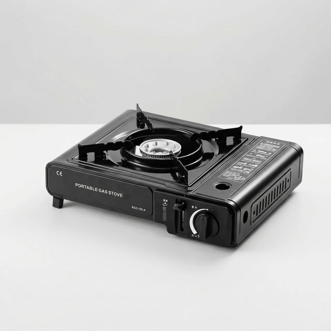 Lightweight portable butane camping stove, a single burner for hiking and outdoor cooking gear.