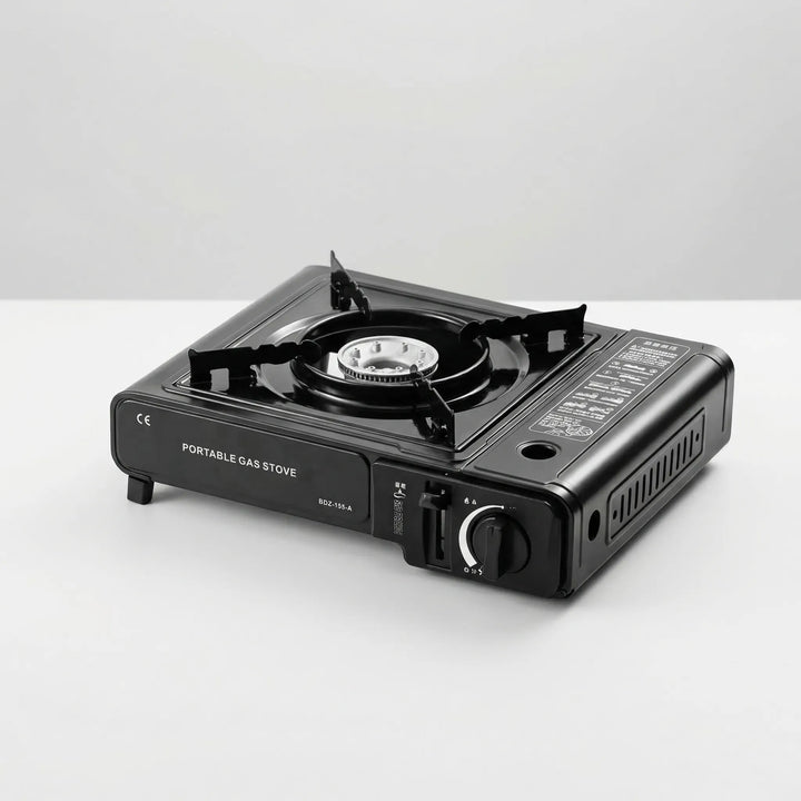 Lightweight portable butane camping stove, a single burner for hiking and outdoor cooking gear.