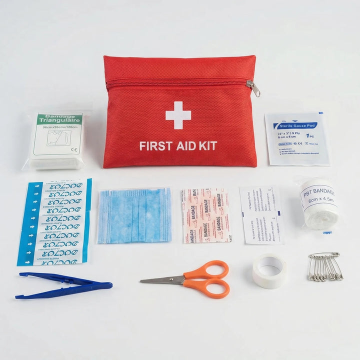 Unisex compact first aid kit bag for outdoor adventures, camping, hiking, and survival emergencies. Portable medical pouch.