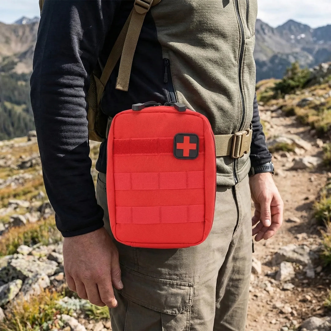 Compact tactical first-aid pouch with MOLLE system for outdoor gear & emergency medical supplies.