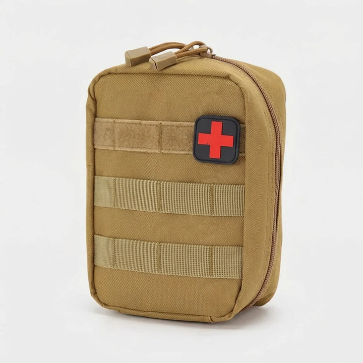 Small tactical medical pouch, MOLLE compatible for attachment to backpacks, essential for survival & first aid.