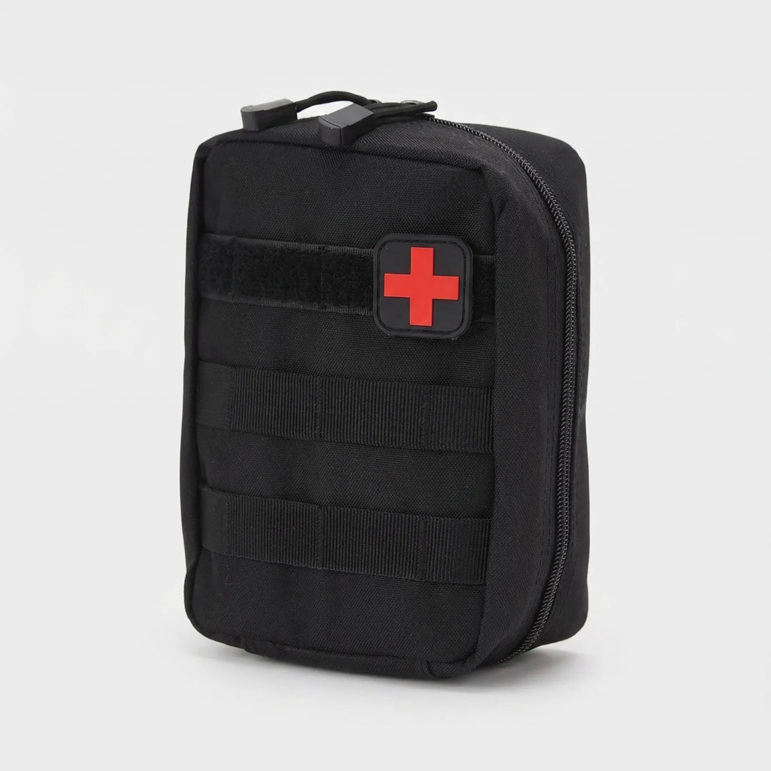 Rugged tactical first-aid pouch, MOLLE system for secure attachment, essential emergency kit for travel & survival.