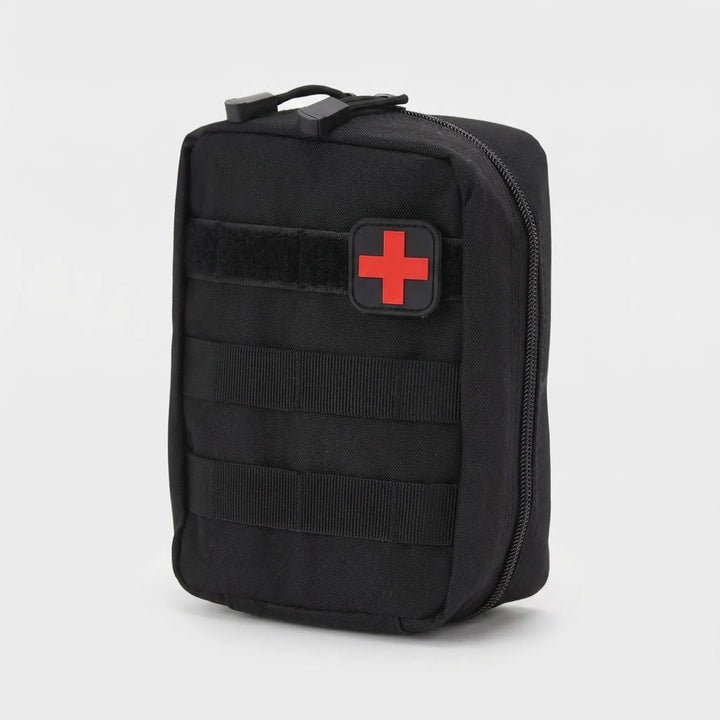 Rugged tactical first-aid pouch, MOLLE system for secure attachment, essential emergency kit for travel & survival.