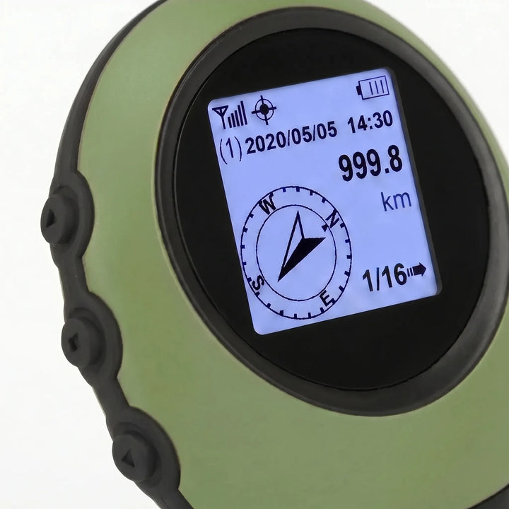 Handheld satellite GPS navigator with compass for precise outdoor exploration. Compact & essential hiking gear.