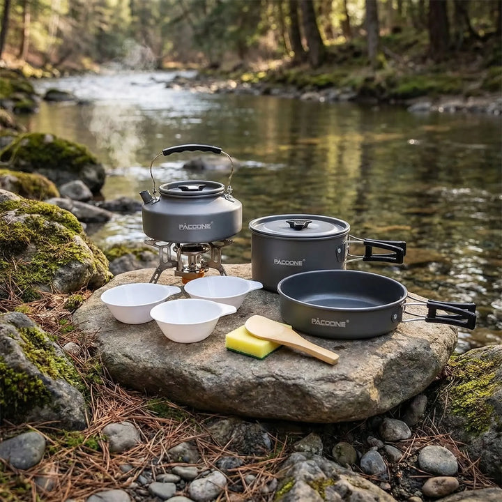 Compact unisex portable camping cookware set for outdoor cooking & camp kitchen. Essential hiking & backpacking gear.