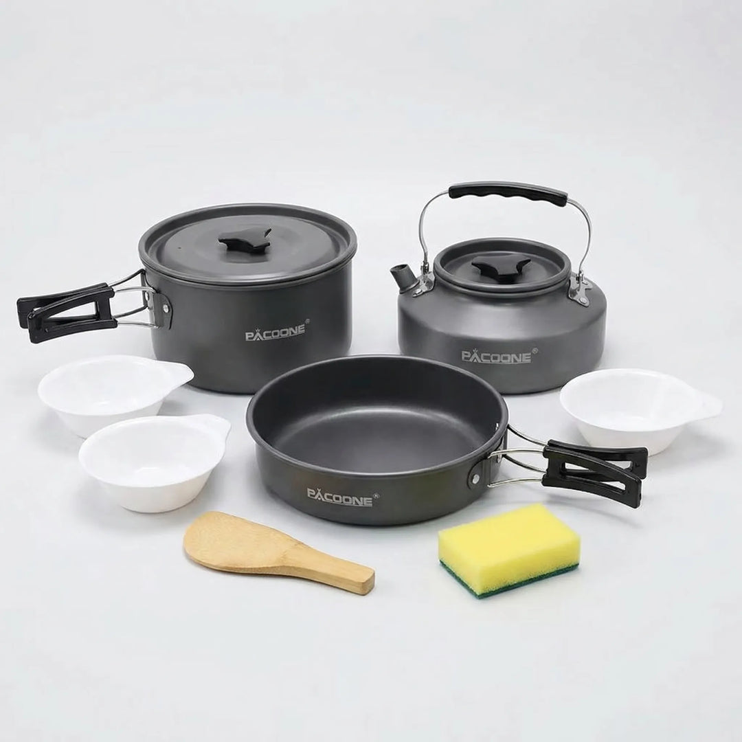 Unisex non-stick camping cookware set with portable stove for outdoor cooking, hiking, and travel. Backpacking essential.
