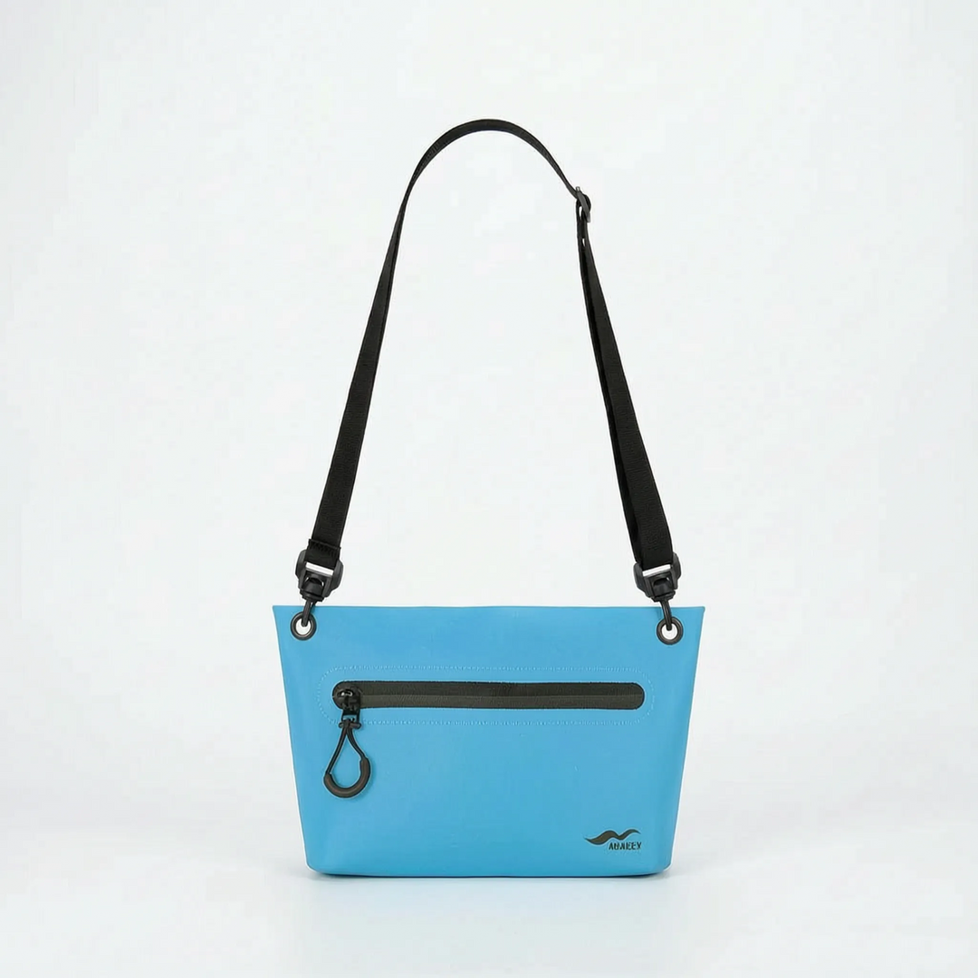 Water-resistant dry bag with phone & camera inside, showing protection. Essential for travel & adventure.