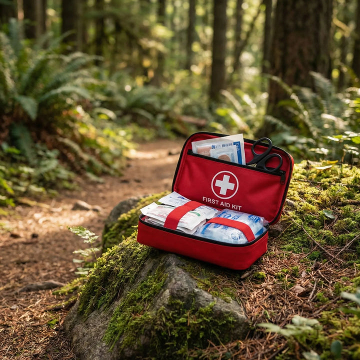 Compact waterproof first aid kit for emergencies, travel, camping, and outdoor safety.