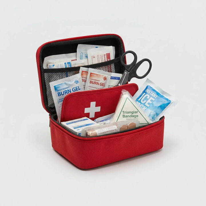 Portable waterproof emergency first aid kit for camping, hiking, and travel safety essentials.