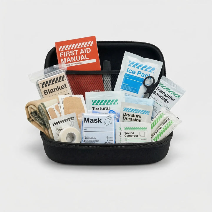 Durable, waterproof first aid kit protecting essential medical supplies for emergency, travel, camping & hiking safety.