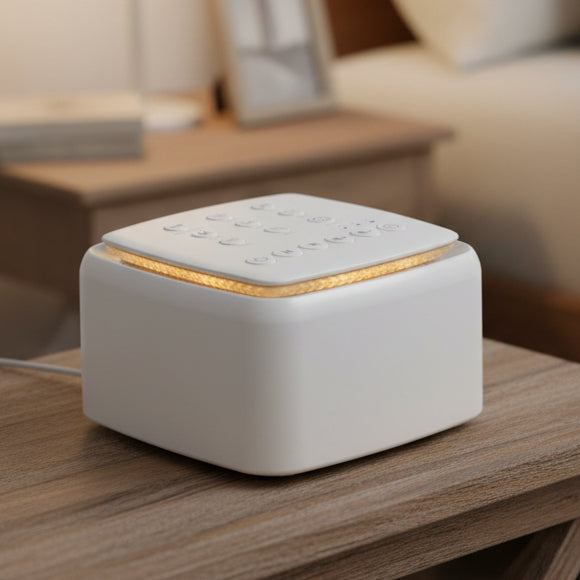 Compact white noise sleep machine for adults & babies, promoting relaxation & deep sleep.
