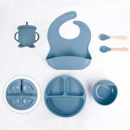 Complete baby silicone self-feeding mealtime set for toddlers, spill-proof design, perfect for weaning infants