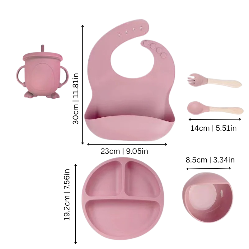 Soft silicone baby feeding set for self-feeding, includes plate, bowl, cup, and utensils, ideal toddler dinnerware