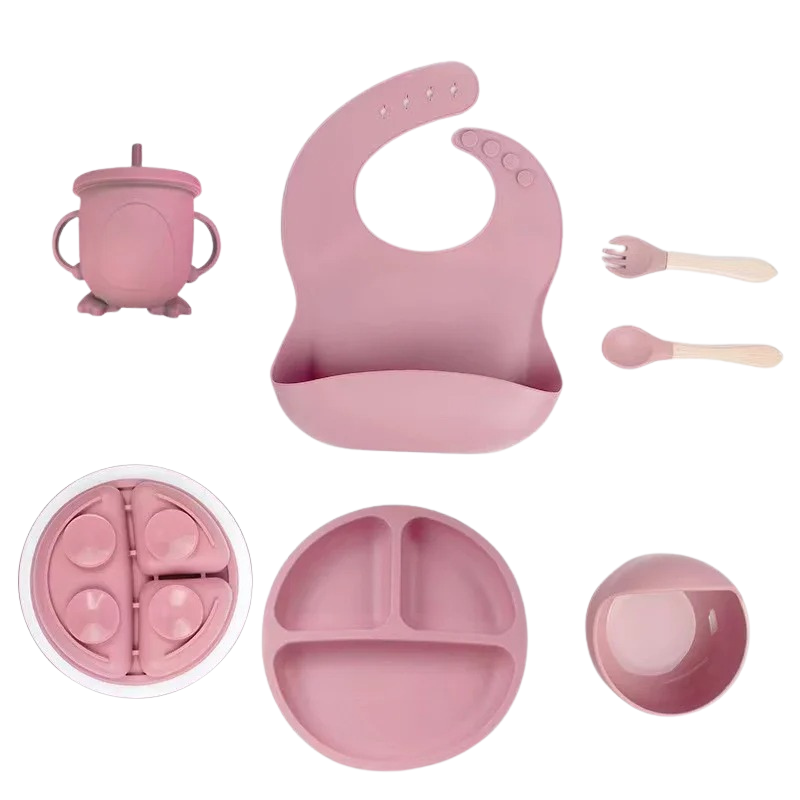 Baby silicone self-feeding set with suction plate and bowl, empowering toddlers during weaning, essential dinnerware