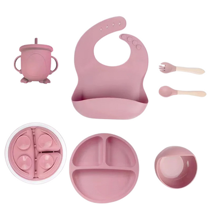 Baby silicone self-feeding set with suction plate and bowl, empowering toddlers during weaning, essential dinnerware