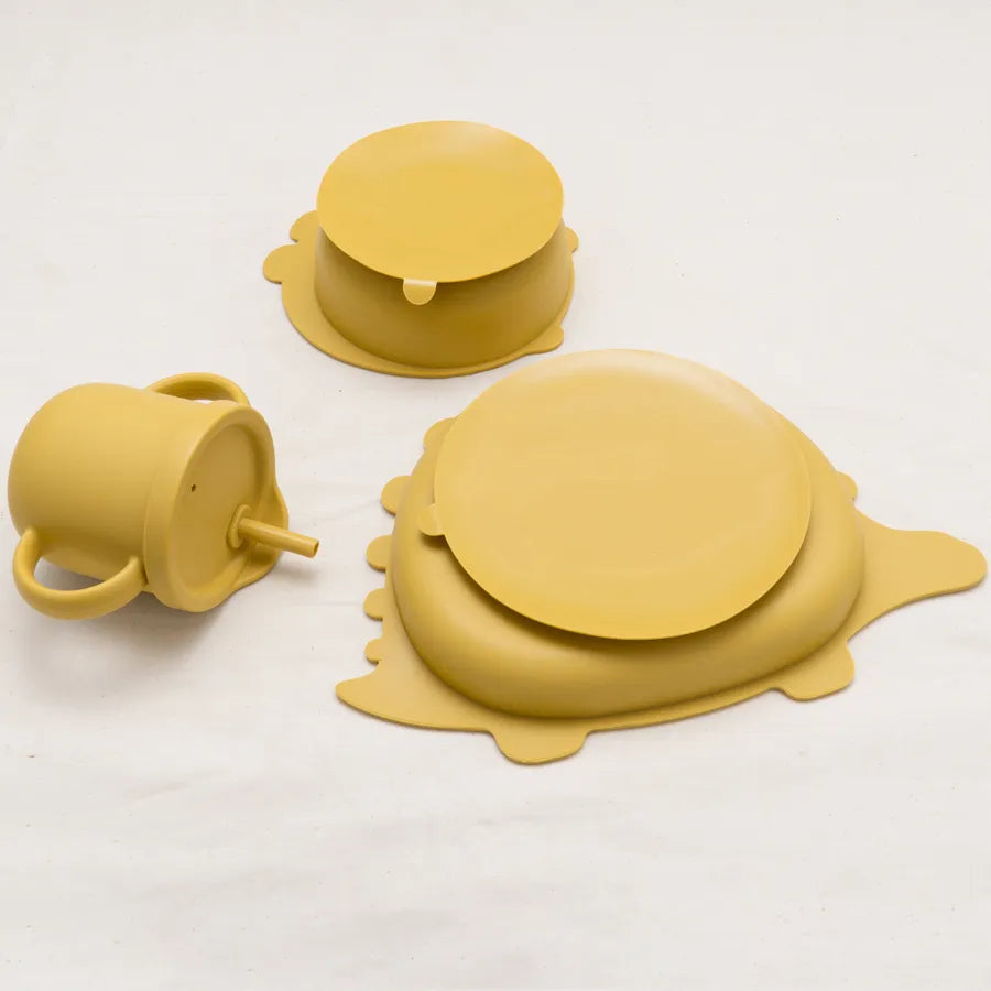 Close-up of pink BPA-Free silicone suction plate and bowl, ideal for baby-led weaning.
