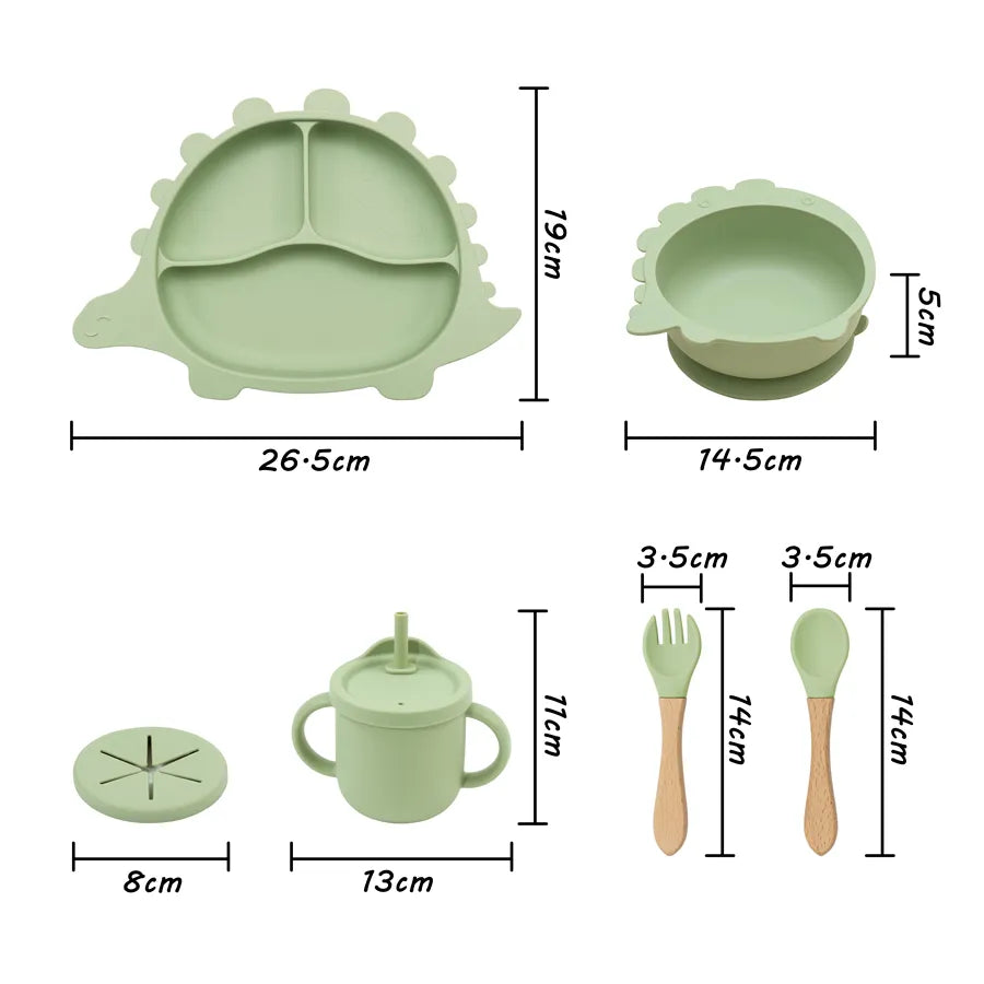 Full set of BPA-Free silicone baby dinnerware including plate, bowl, cup, spoon, and fork in blue.