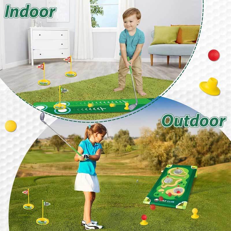 Kids junior golf set featuring driver, iron, putter, and bag, encouraging active outdoor play