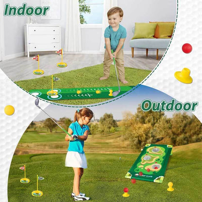 Kids junior golf set featuring driver, iron, putter, and bag, encouraging active outdoor play