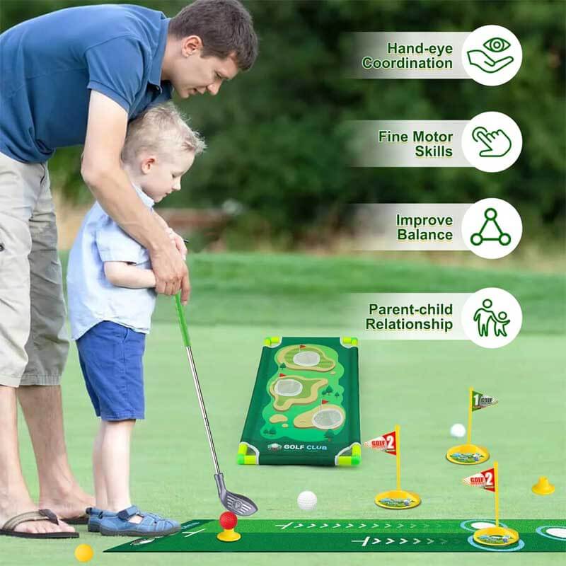 Outdoor play equipment: children's golf club set with practice holes, ideal for young junior golfers