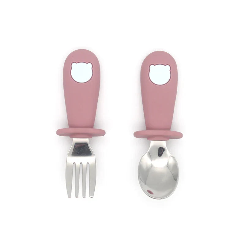 Deep suction silicone baby bowl, ideal for cereals, with a complementary silicone spoon & stainless steel fork.