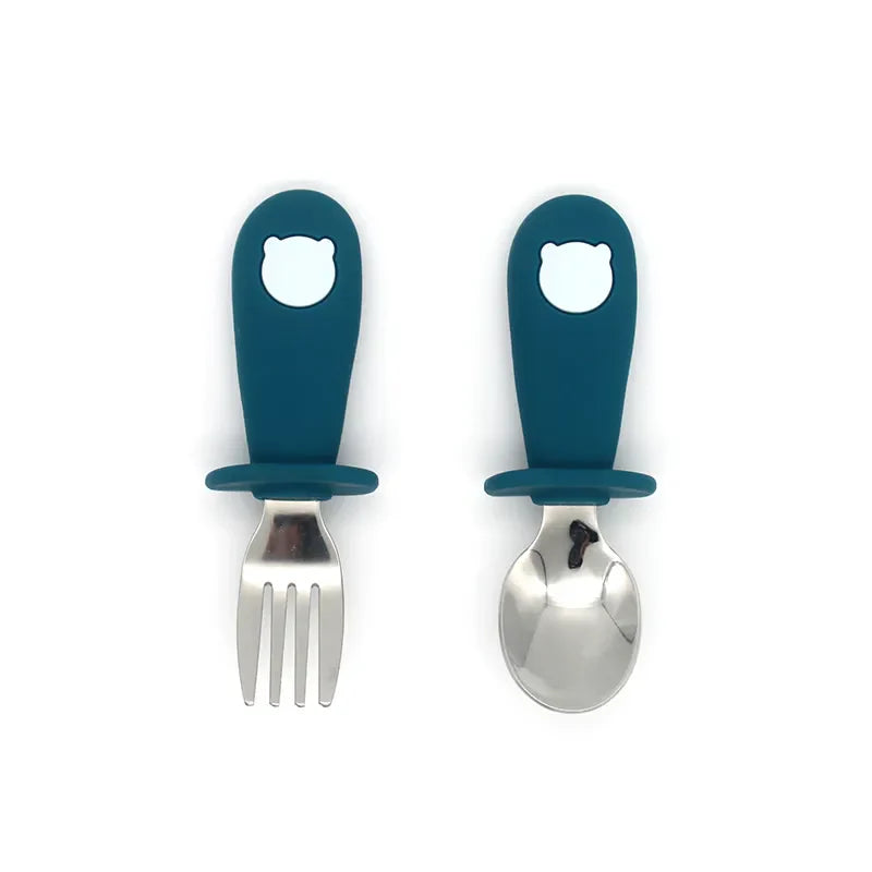 Starter baby self-feeding set: colorful silicone bowl & plate, easy-hold silicone spoon & steel fork.