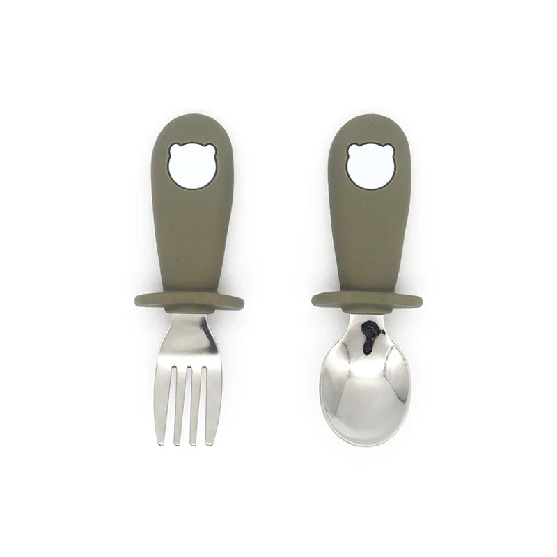 Complete baby gift: premium silicone tableware set featuring divided plate, suction bowl, spoon & fork.