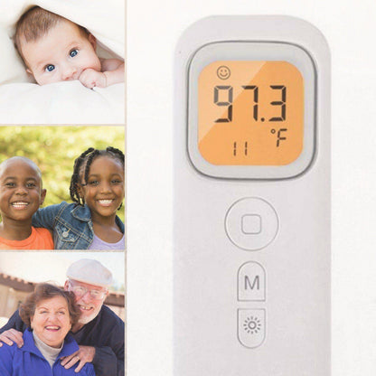 Contactless digital infrared forehead thermometer for baby health monitoring, showing LED display