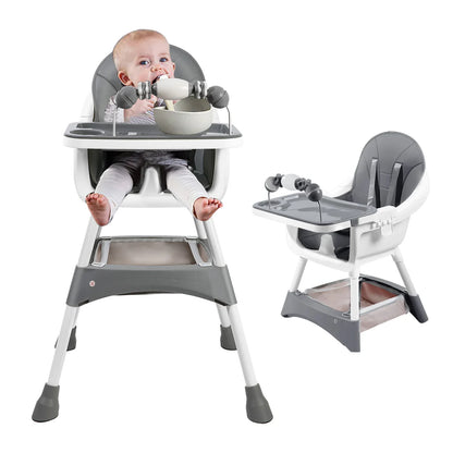 Convertible baby high chair with adjustable tray and toy rack for safe mealtime feeding and play