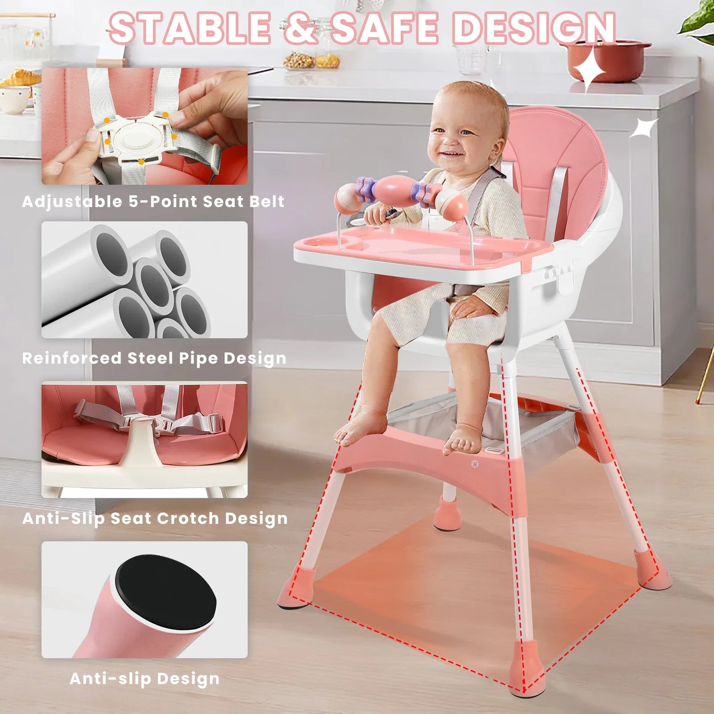 Detail of the toy rack on the baby high chair, loaded with colorful baby toys