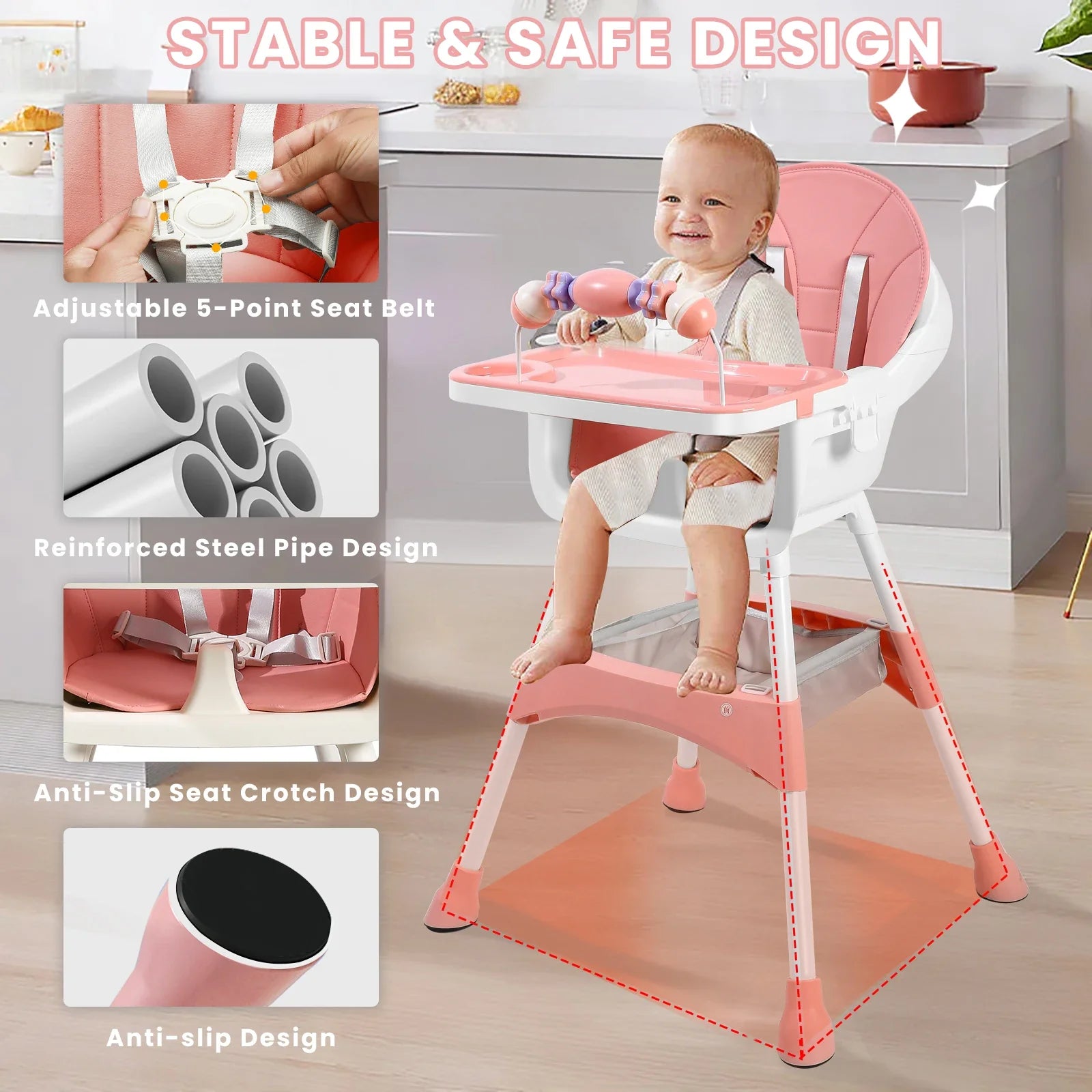 Detail of the toy rack on the baby high chair, loaded with colorful baby toys