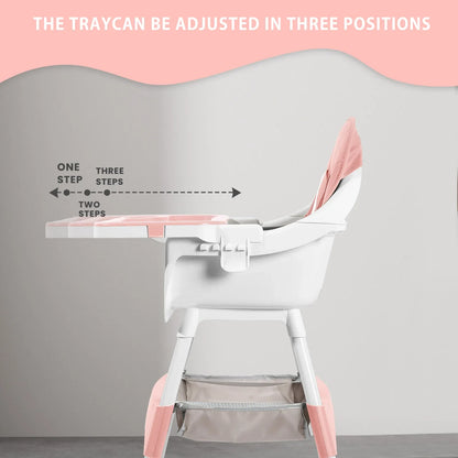 Baby feeding in a modern convertible high chair, featuring a practical double tray design