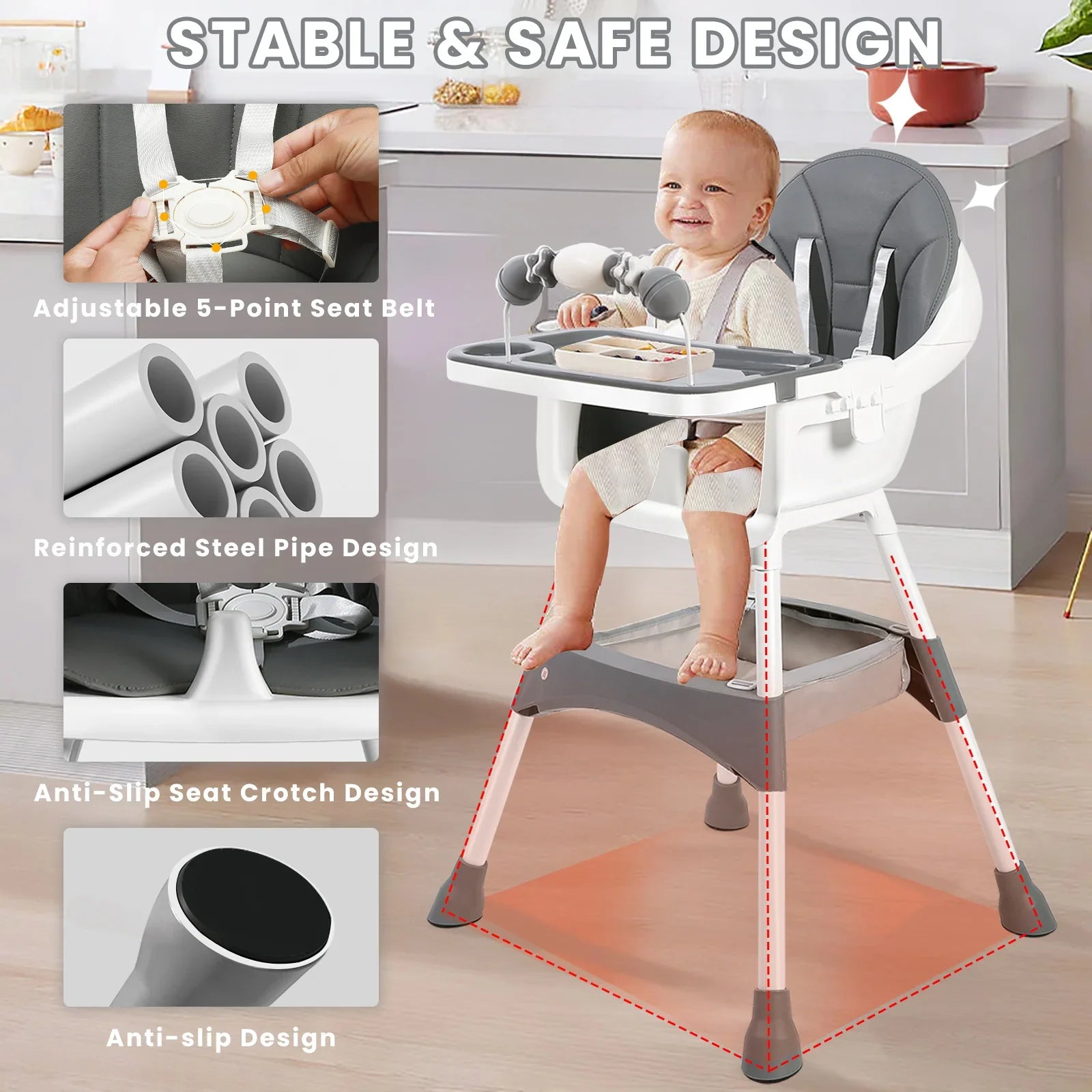 Adjustable baby high chair in a kitchen setting, perfect for family dining with baby