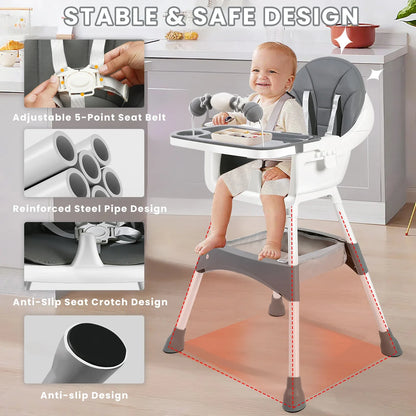 Adjustable baby high chair in a kitchen setting, perfect for family dining with baby