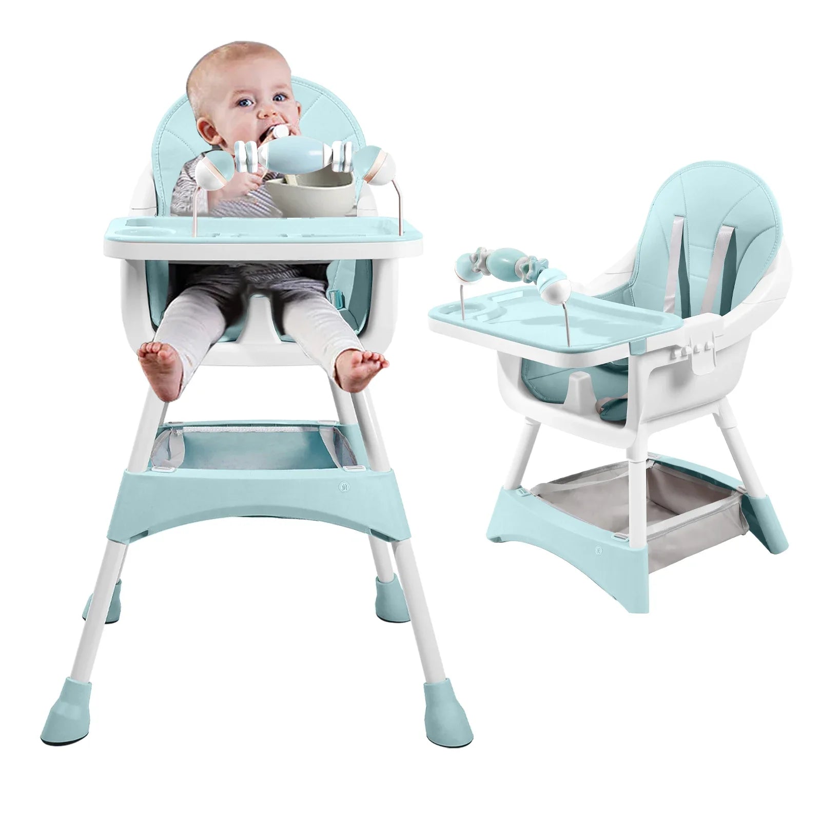 Stylish baby gear: a convertible high chair with double tray and toy rack, pink and gray