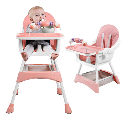 Full view of the convertible baby high chair, highlighting all its features: double tray, toy rack