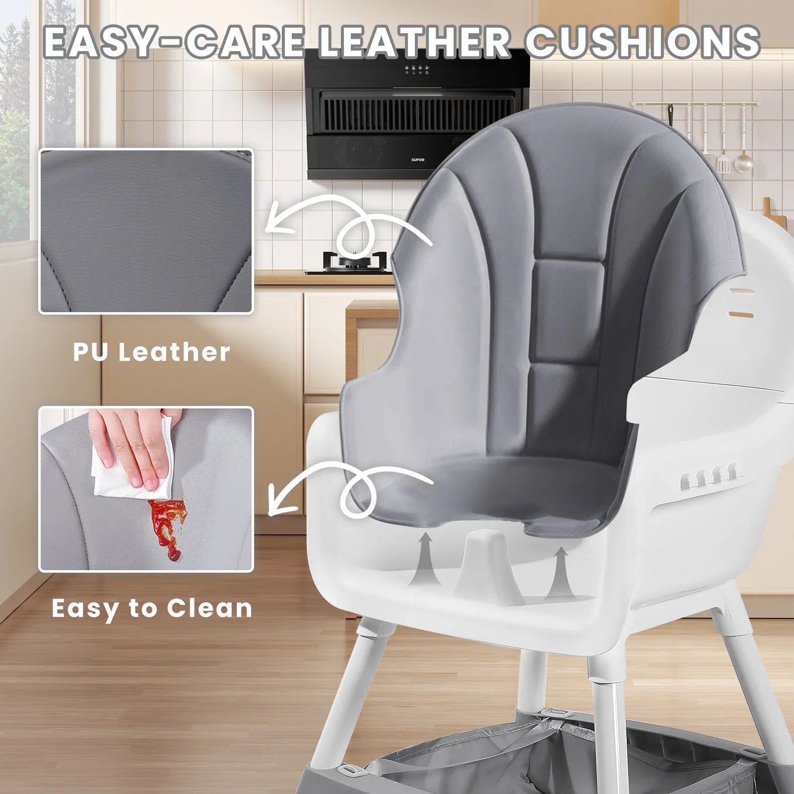 Baby high chair in a nursery, demonstrating its use as a feeding chair with toy rack