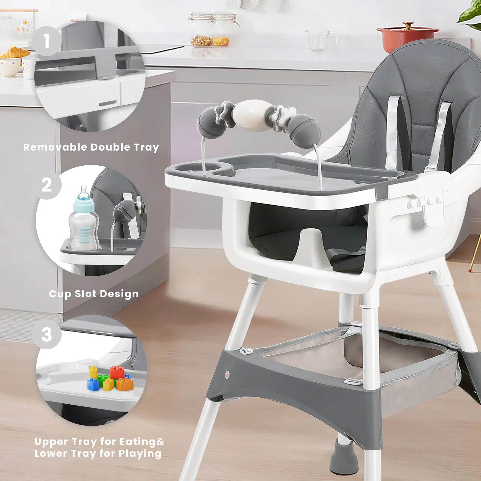 Toddler sitting comfortably in a versatile baby high chair with secure straps and double tray