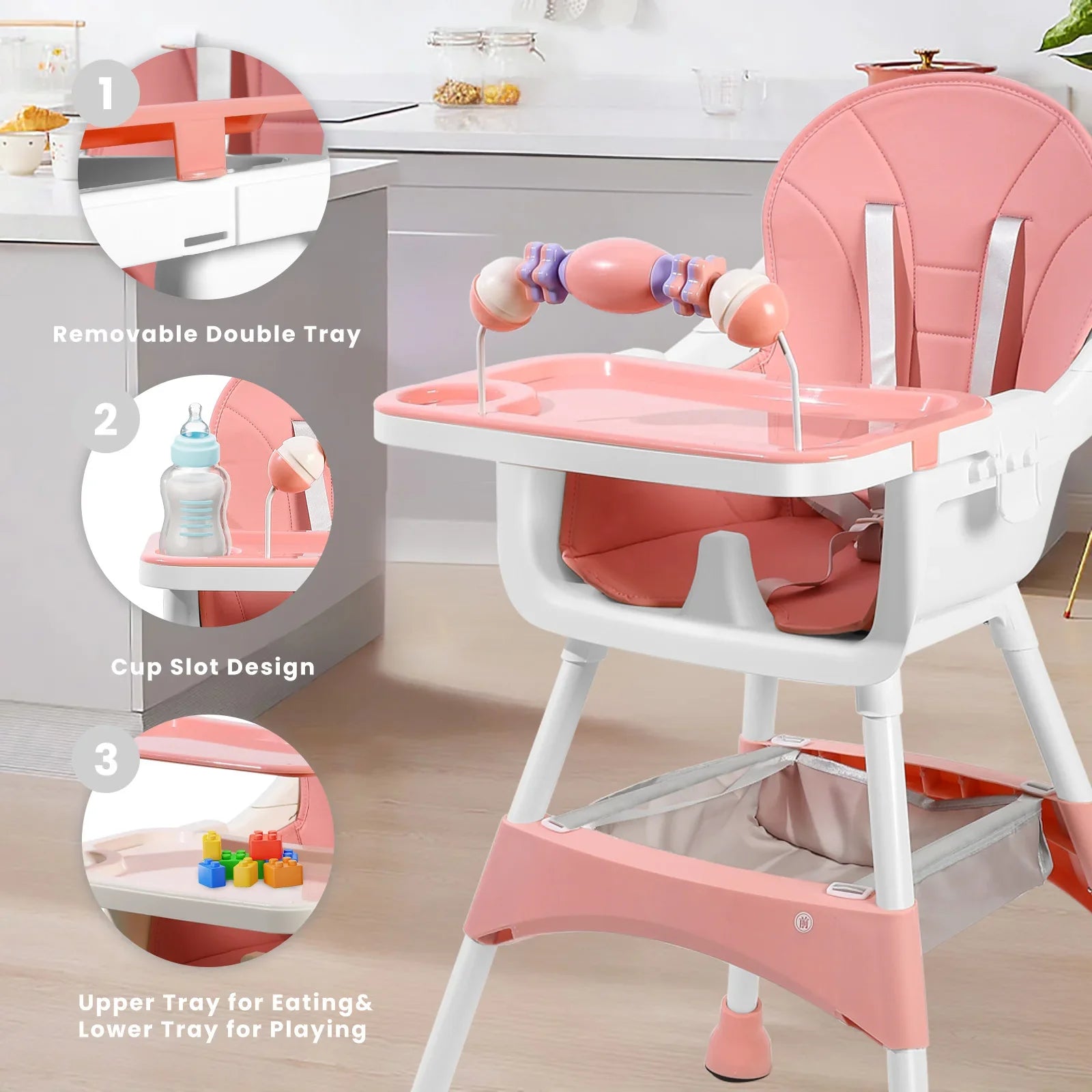 Side view of the convertible high chair, highlighting its adjustable height and sturdy design