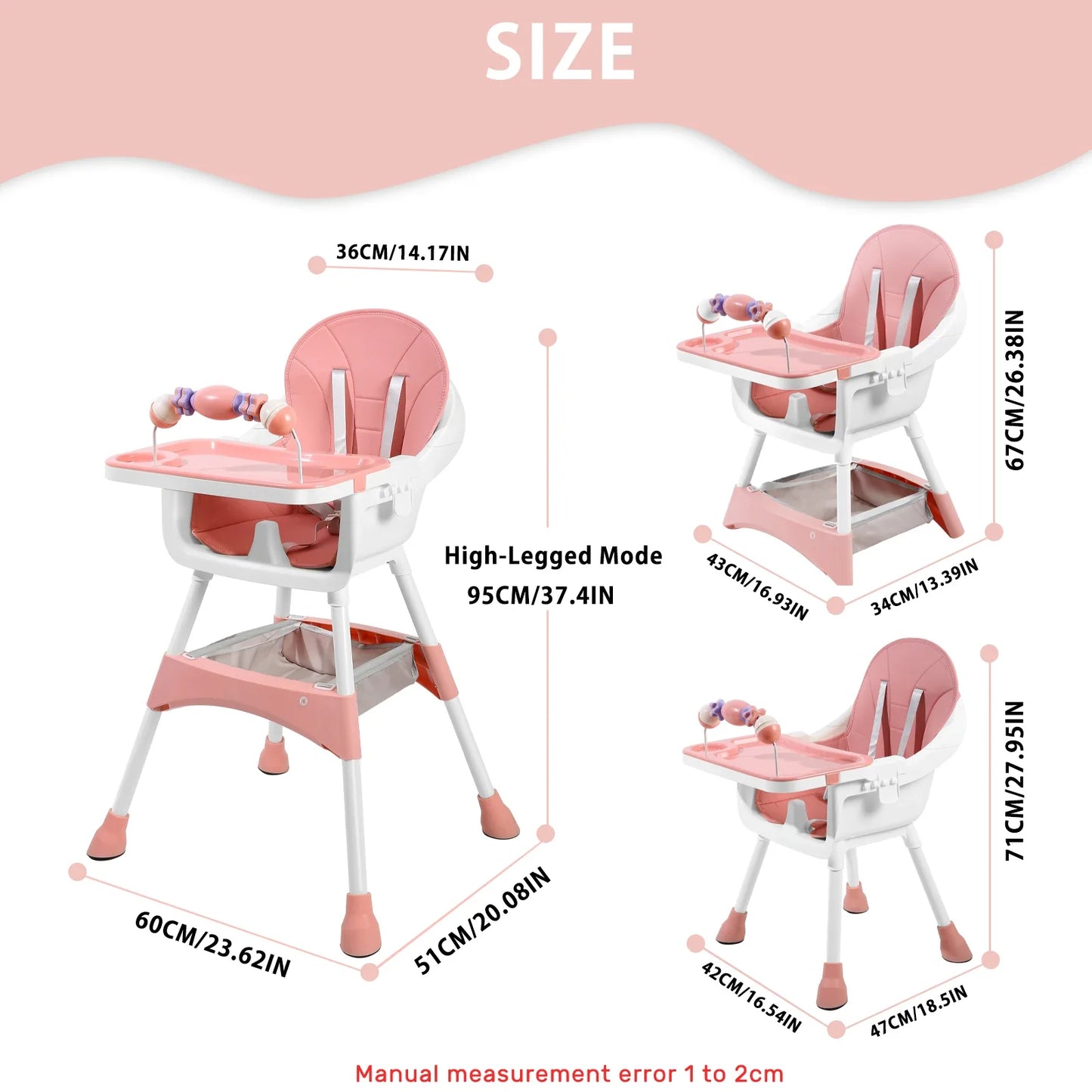 Baby high chair with integrated toy rack attached, offering entertainment during feeding